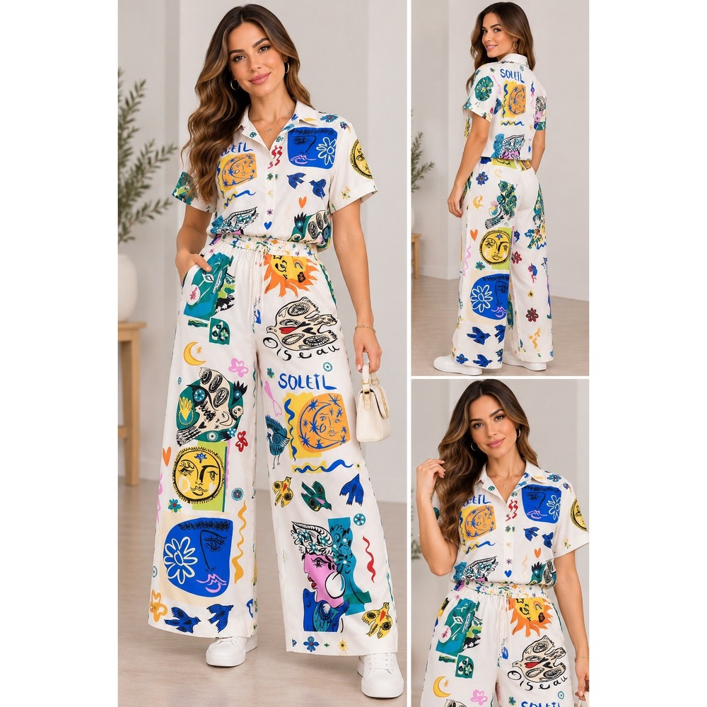 Commense Artistic Graphic Print 2 Piece Set Shirt and Wide Leg Pants White L